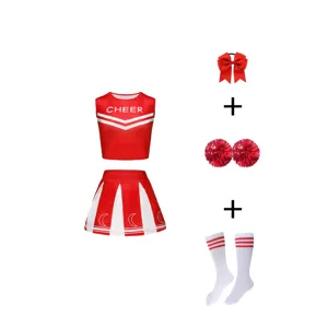 Kids cheerleading costume set with top, pleated skirt, bow, pom-poms, and socks for performance.