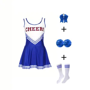 Kids cheerleading uniform set featuring a blue white dress, hair bow, pom poms and socks.