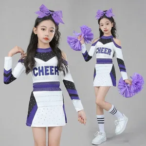 Kids cheerleading uniform set performance costume sports meet dance outfit purple white