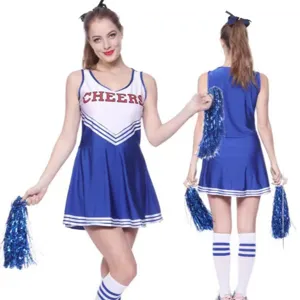 Blue and white women cheerleading uniform set with sleeveless top, skirt, and pom-poms.