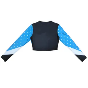 Haut court de pom-pom girl à manches longues avec motif de pois bleus pour spectacle.
