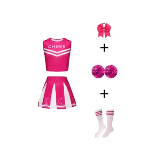 Kids pink cheerleading costume set including crop top, pleated skirt, pom-poms, and bow.
