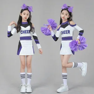 Kids cheerleading uniform long sleeve top skirt pom poms for school sports dance competition