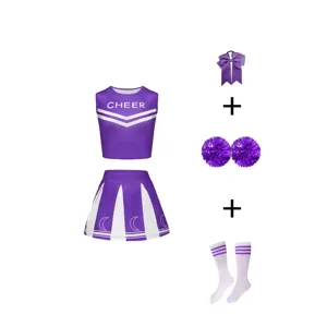 Kids purple cheerleading costume set performance outfit with top skirt pom poms socks