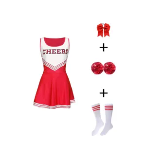 Kids cheerleader costume set including red white dress bow pompoms and socks for girls performance.