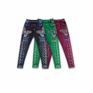 Women High Waist Yoga Leggings Butterfly Print Faux Denim Slim Fit Elastic Sports Pants Fitness Gym Active Tights