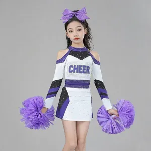 Detailed view of the kids cheerleading uniform set, featuring stylish purple and white design.