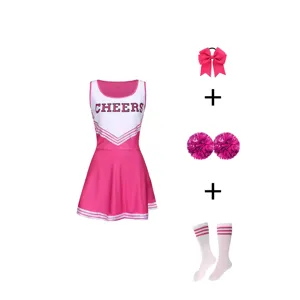 Kids pink cheerleading costume set with dress, bow, pom poms and socks for performance.