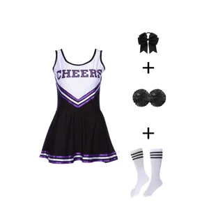 Kids cheerleader costume set including dress hair bow poms and socks for dance performance.