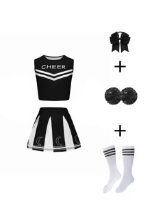 Girls Cheerleading Performance Costume Set Sleeveless Top And Pleated Skirt With Hair Bow Pom Poms Socks Children Sports Meet Apparel