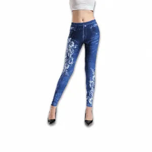Women's High Waist Milk Silk Leggings Denim Print Floral Butterfly Pattern Stretchy Slim Fit Long Pants Casual Streetwear Bottom