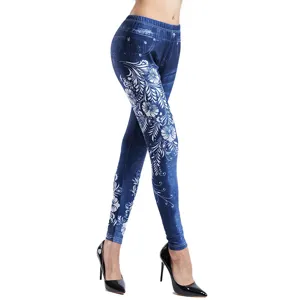 Women high waist stretch floral printed faux denim leggings slim fit long fashion trousers