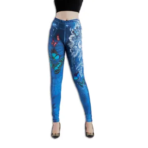 Women high waist stretch leggings with denim and butterfly print slim fit casual trousers