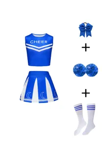 Kids blue cheerleading costume set with top skirt bow pompoms and socks for performance.