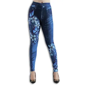 Women high waist stretch printed leggings casual slim fit butterfly denim look pants