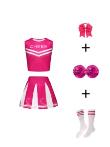 Kids pink cheerleading uniform set including top skirt bow pompoms and socks for performance