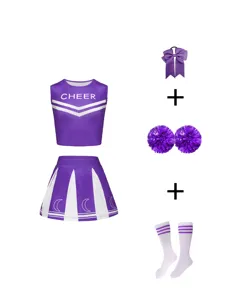 Kids purple cheerleading uniform set crop top pleated skirt with pom poms and socks for show