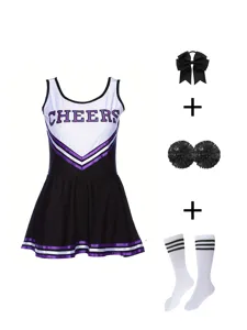 Girls Cheerleading Uniform Set Kids Performance Dance Costume Sleeveless Letter Print Dress With Pompoms Socks Bow Hair Clip Performance Cheerleader Outfit