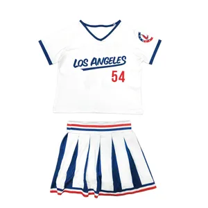 Details of girls cheerleading crop top and pleated skirt set in white, blue and red.