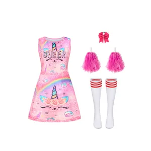Kinder rosa Einhorn Cheerleader Kleid Set mit Pompons und Socken für Party Auftritt Kostüm
