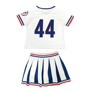 Kids cheerleading uniform set, short sleeve top with number 44 and striped pleated skirt.