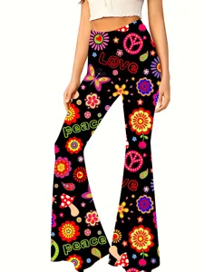 Dames retro uitlopende broek hoge taille zwart met kleurrijke 70s bloemenprint