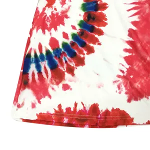Tie-dye flare pants detail view, lightweight stretch fabric and delicate hem stitching.
