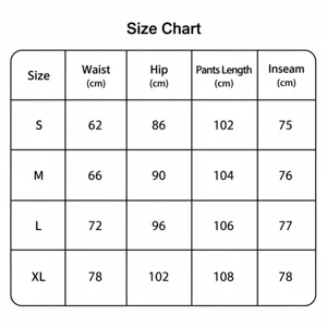 Maattabel voor yogabroeken voor dames, gedetailleerde afmetingen van taille, heupen en lengte voor S-XL.