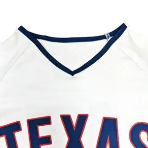White kids V-neck sports performance jersey detail, breathable fabric with Texas print.