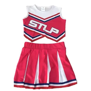 Red and white adult cheerleading costume set featuring a pleated skirt and sleeveless crop top.