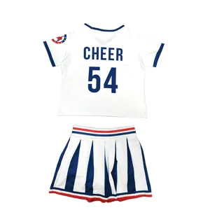 Girls cheerleading uniform set detail, white top with cheer 54 print and pleated skirt.