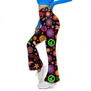 Dames vintage hippie bloemen print hoge taille uitlopende broek casual slim fit.