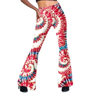Close-up detail of women high waist tie dye flare trousers red white slim fit leg opening.