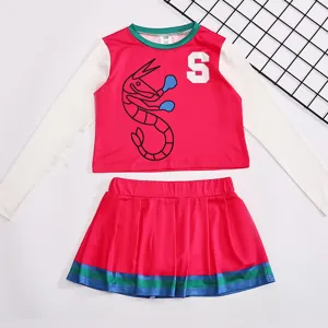 Children cheerleader costume detail, red and white long sleeve top with pleated skirt set.