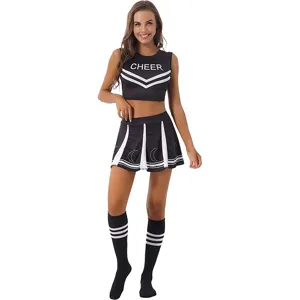 Black and white cheerleading costume crop top pleated skirt set detail view for women performance