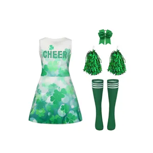 Kinder St. Patrick's Day Cheerleader Kostüm Set mit Kleeblatt Kleid, Pompons, Socken