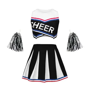 Cheerleading costume detail featuring black and white crop top, pleated skirt, and pom-poms.