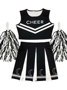 Detailed view of black and white cheerleading top and pleated skirt with cheer and moon print.