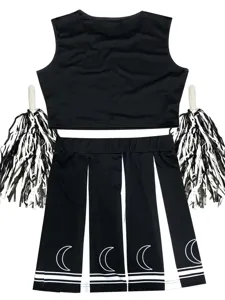 Close-up detail of the black cheerleading skirt featuring white crescent moon and stripe prints.