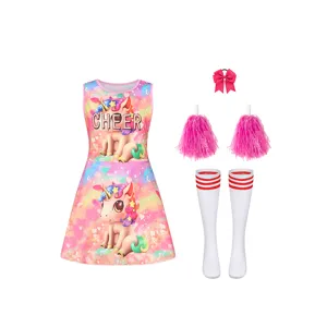 Kinder Cheerleader Kostüm Set mit süßem Einhorn Druck Kleid, Pom-Poms, Socken und Haarschleife.