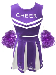 Purple and white cheerleading uniform set with crop top, pleated skirt and pom poms.