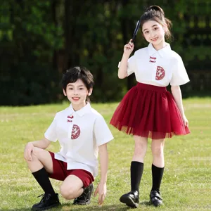 Kids summer choir performance uniform set, white shirt with red skirt and shorts for kids.