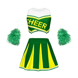 Ensemble de costume de pom-pom girl adulte avec haut court, jupe plissée et pompons.