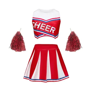 Adult cheerleading uniform set with crop top and pleated skirt, perfect for sports events.