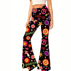 Dames flared broek hoge taille vintage bloemen print hippie stijl casual broek