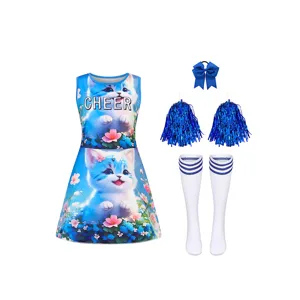 Kinder Cheerleader Kostüm Set mit blauem Katzenkleid, Pom-Poms, Socken und Haarschleife.