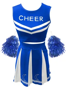 Blue and white cheerleader costume set crop top pleated skirt with pompoms for sports meeting