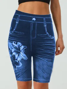 High-waisted faux denim print shorts detail, slim fit stretchy casual bottom pants for women.