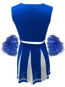 Blue cheerleading uniform detail shot, featuring sleeveless crop top and pleated skirt with pom poms.