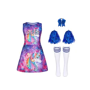 Kinder Cheerleader Kleid Set mit Einhorn Galaxie Muster, ärmelloses Outfit Details.